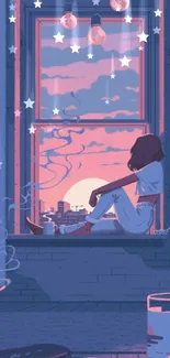 Silhouette sitting by window at sunset with pastel sky.