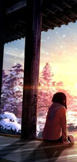 Serene sunset view from a Japanese porch, overlooking snowy trees.