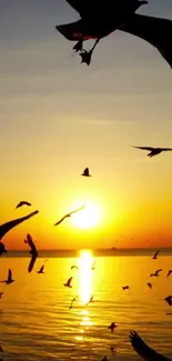 Vibrant sunset with birds flying over the ocean, creating a serene atmosphere.