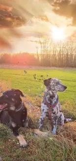 Two dogs relaxing at sunset in a tranquil field with trees in the background.