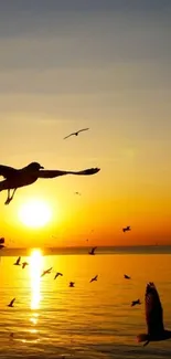 Sunset with birds flying over the ocean, creating a serene and peaceful scene.