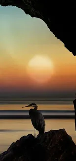 Stunning sunset with a silhouetted heron on rocks.