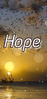 Serene sunset with ship and birds over the ocean with 'Hope' text.