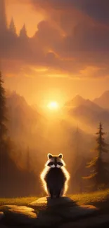 Raccoon at sunset with glowing sky over mountains in a serene forest landscape.