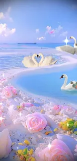 Swans swimming on a pastel beach with pink roses.