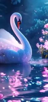 A serene swan glides by a flower-lined lake at dusk.