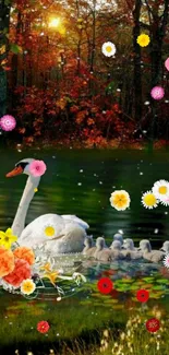 Swan with flowers on autumn lake in serene wallpaper.