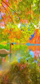 Swan gliding on a reflective autumn lake with colorful foliage.