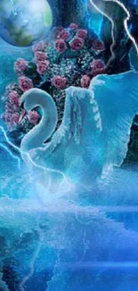 Majestic swan with lightning and roses in blue waters.