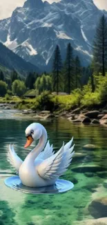 Swan on a mountain lake with scenic view.