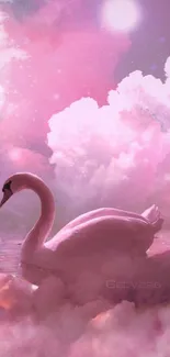 A swan gracefully floats among pink clouds in a dreamy, serene setting.