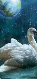 A swan glides in rain with a planet above.