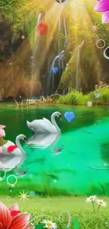 Two swans swim in a lush, flower-decorated fantasy lake.