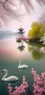 Two swans on a lake surrounded by cherry blossoms and serene landscape.