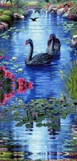 Black swans gliding on a tranquil blue lake bordered by lush greenery and flowers.