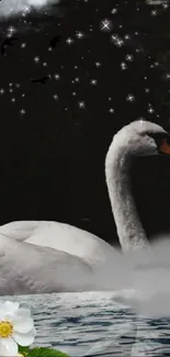 Serene swan in a starry night with flowers and water reflection.