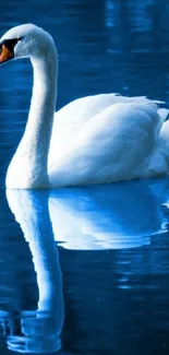 Graceful swan glides on serene blue waters in mobile wallpaper.