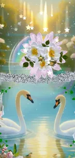 Serene swan sunset wallpaper with flowers and reflections in calm water.