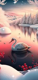 Swan swimming in a serene, pink-tinged winter wonderland.