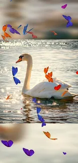 Swan glides on water, surrounded by colorful butterflies.