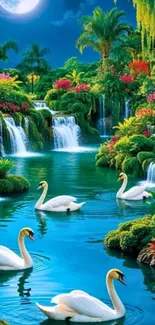 Tropical paradise with swans and waterfalls under moonlight.