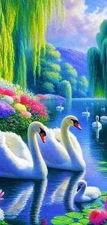 Vibrant nature wallpaper with swans on a colorful lake.