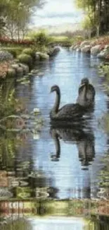 Swans on a reflective stream with lush greenery.