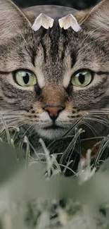 Close-up of a tabby cat with green eyes in lush grass.