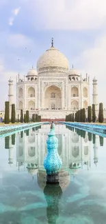 Taj Mahal with serene reflection in clear blue water.