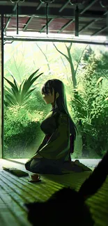 Anime character in a tranquil tea garden with lush greenery.