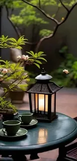 Serene garden table with lantern and tea cups.