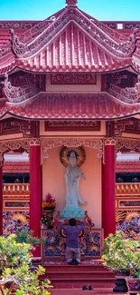 Serene temple courtyard with traditional architecture and vivid redwood hues.