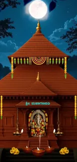 Night view of a beautifully adorned temple under a full moon.