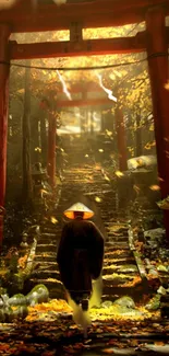 A peaceful path through a Japanese temple adorned with autumn leaves and red gates.