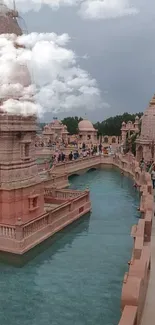 Serene temple with water reflection under cloudy gray sky.