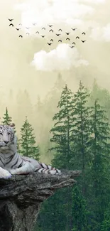 White tiger on cliff in misty green forest with birds soaring.