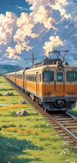 A train travels through a green field under a cloudy sky, captured in anime style.