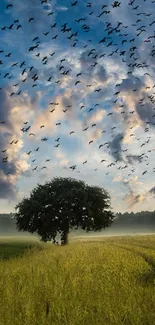 Wallpaper of a lone tree in a field with a sky filled with birds.