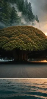 Majestic tree in misty forest reflected in tranquil waters.