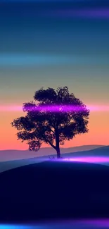 Scenic wallpaper with a tree against a sunset backdrop.