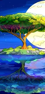 Tree on a small island with moonlit reflection on a lake.