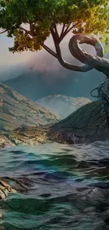 Scenic view of a tree beside a flowing river under a clear sky.