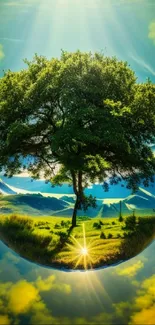 Serene tree in a vibrant landscape with sunlight and blue skies.