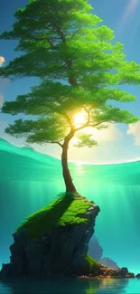 Tree on a rocky island surrounded by blue ocean with sunlight streaming through.