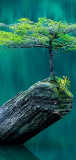 Serene lone tree on a rock in a green lake with a teal background.