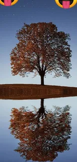 Tree reflected in water under a starry sky with playful emojis above.