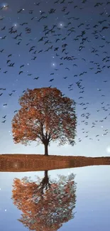 Reflection of a lone tree under a starry sky with birds.