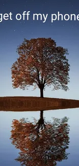 Serene mobile wallpaper of a lone tree reflecting on calm water at dusk.