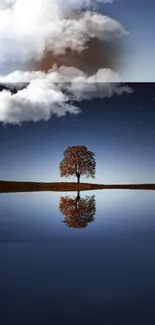 Lone tree reflection under a starry sky with clouds, serene wallpaper.