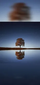 Serene lone tree reflecting in still waters under a starry night sky wallpaper.